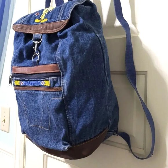 VINTAGE Y2K Jaclyn Looney Tunes Tweety Bird Beaded Denim Jean Big Backpack Bag - Picture 6 of 13